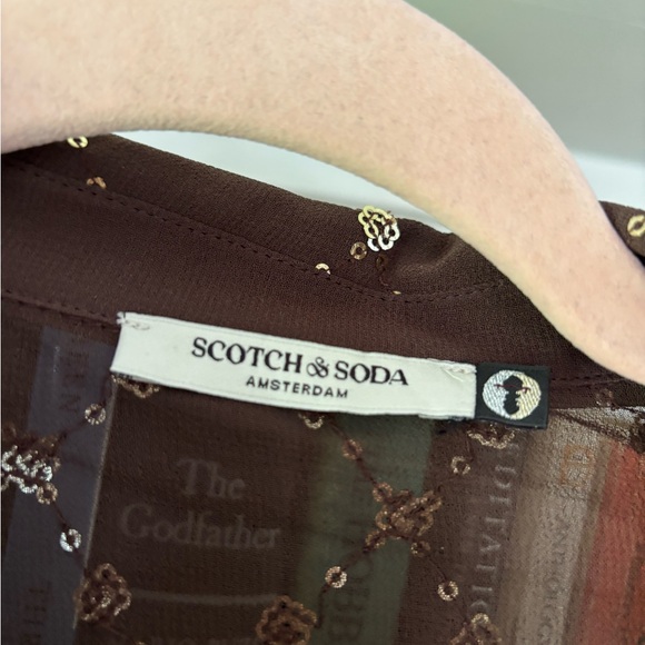 SCOTCH & SODA Gold Chocolate Brown Sequin Buttondown Shirt Sheer Anthro SZ XS - Picture 5 of 7